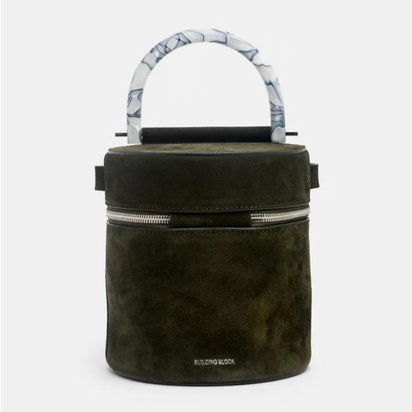 Building Block Green Suede Leather Drum Bag Sold Out Rare Marbled Handle NWOT - Picture 2 of 10